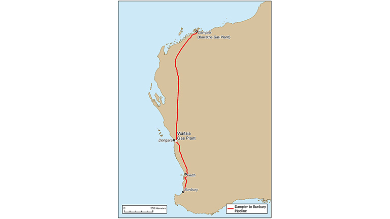 ウェイトシアガス田（Dongara（ドンガラ））、NWS JV（Dampier（ダンピアー））、両社を繋ぐパイプラインの位置